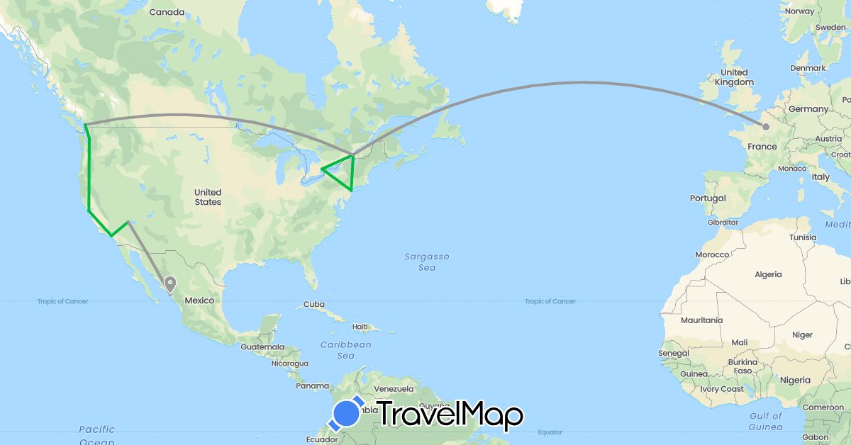 TravelMap itinerary: driving, bus, plane in Canada, France, Mexico, United States (Europe, North America)